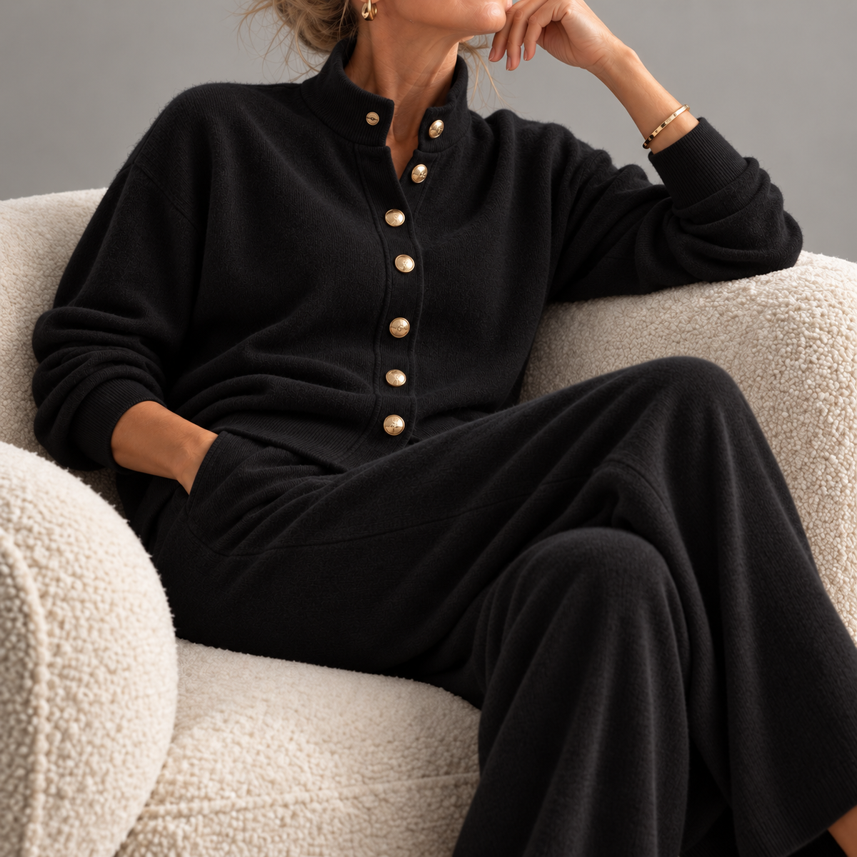 Women's long-sleeved button-front lounge set with mock neck and full-length trousers