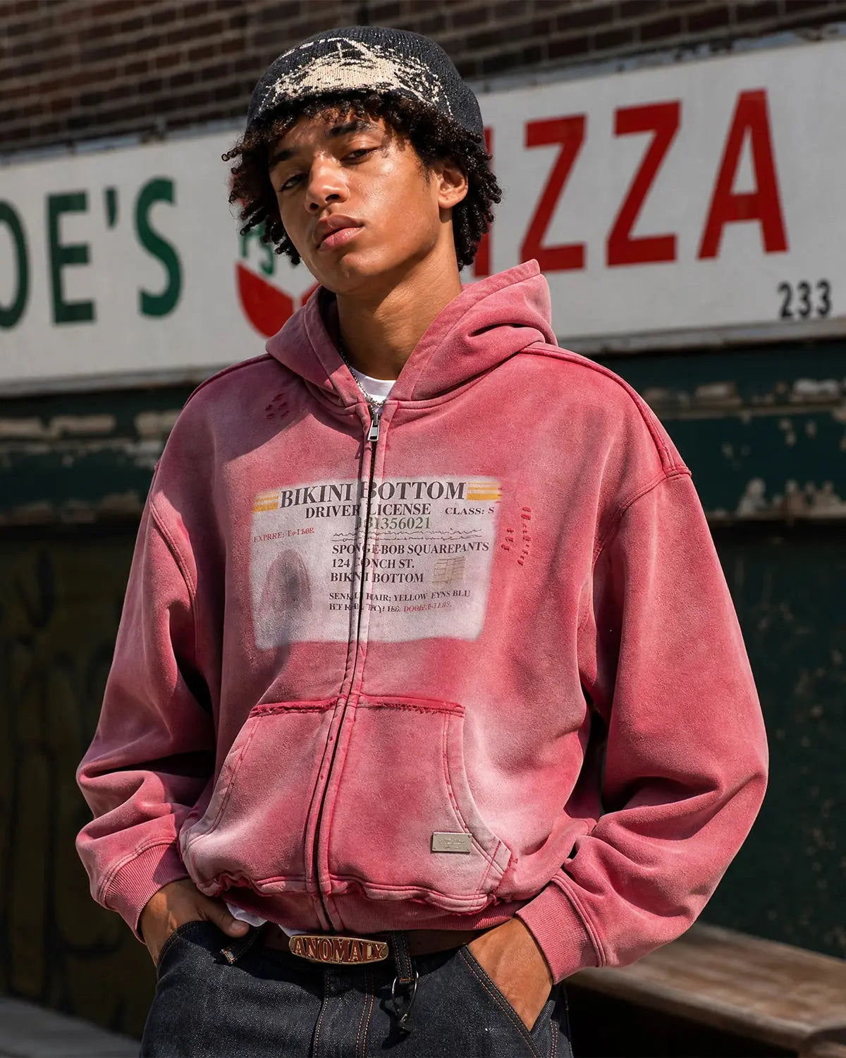 Unisex graphic ripped washed zip-up hoodie with hood and front pockets