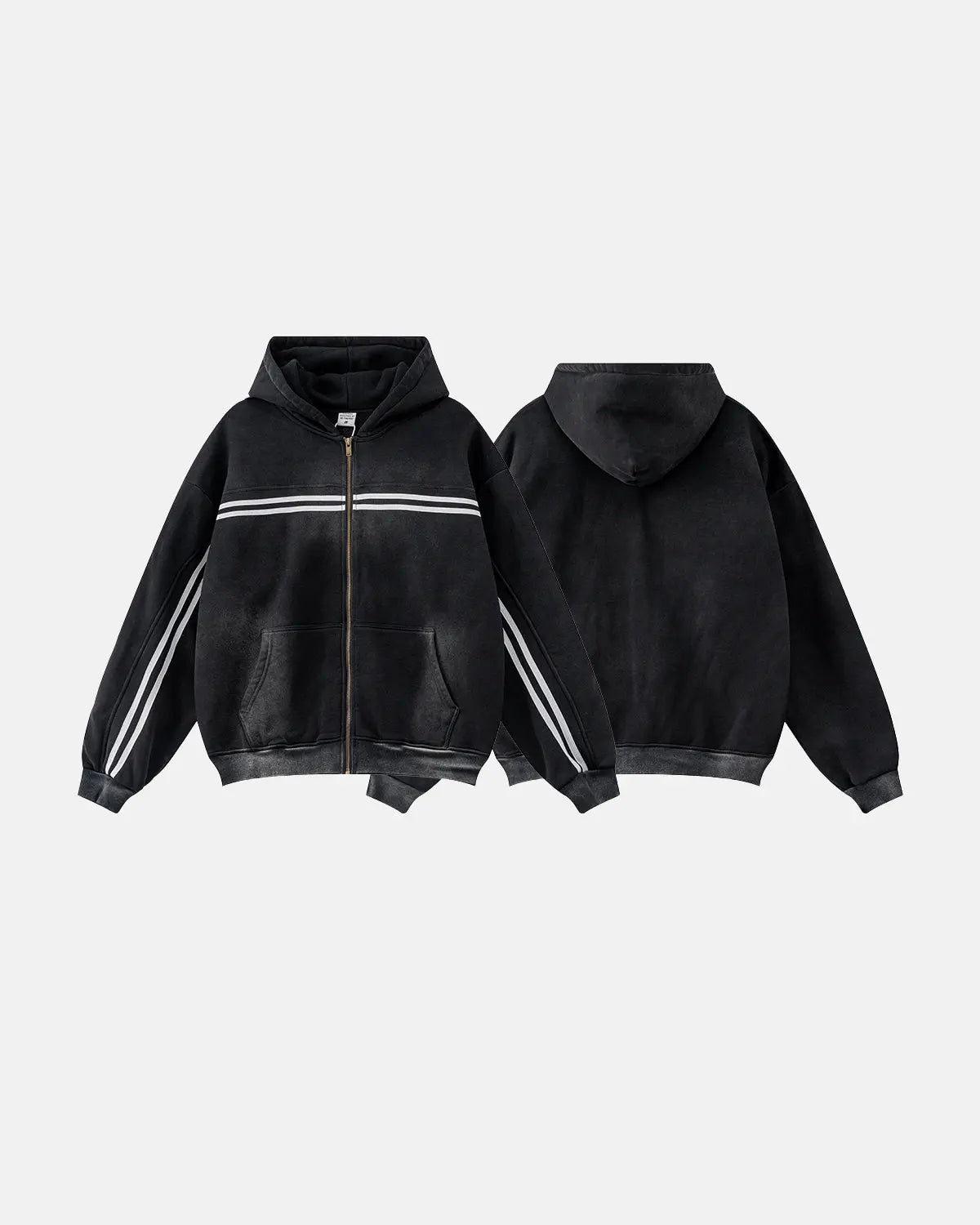 Black hooded zip-up hoodie with white double stripes and front pockets