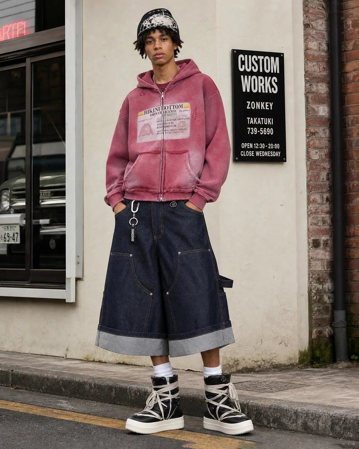 Unisex graphic ripped washed zip-up hoodie with hood and front pockets