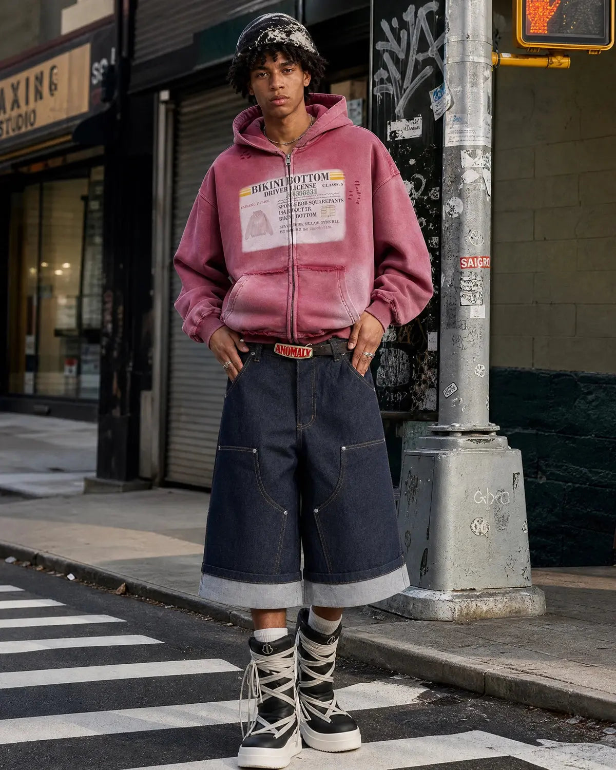 Unisex graphic ripped washed zip-up hoodie with hood and front pockets