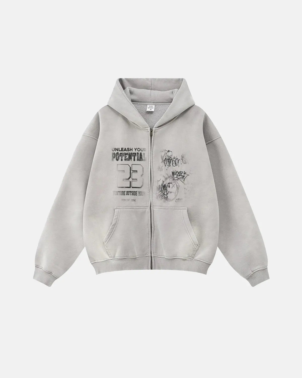 Unisex washed zip-up hoodie with hood and front graphic print