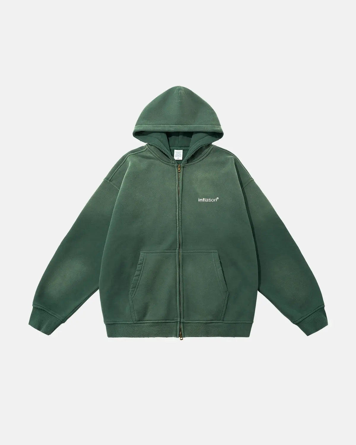 Green washed zip-up hoodie with hood, long sleeves and front pockets