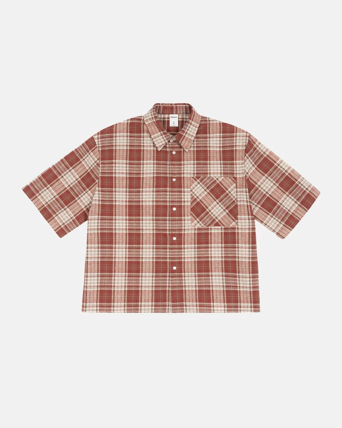 Unisex short-sleeve plaid shirt with pointed collar, button front and chest pocket