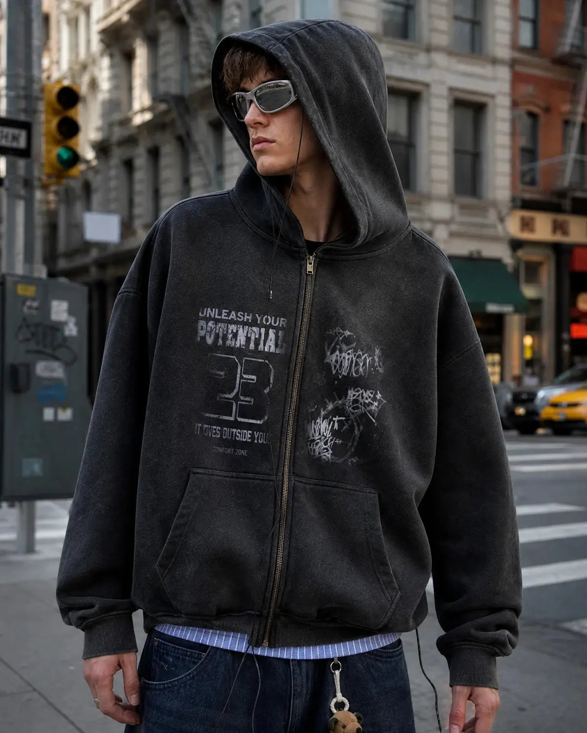 Unisex washed zip-up hoodie with hood and front graphic print