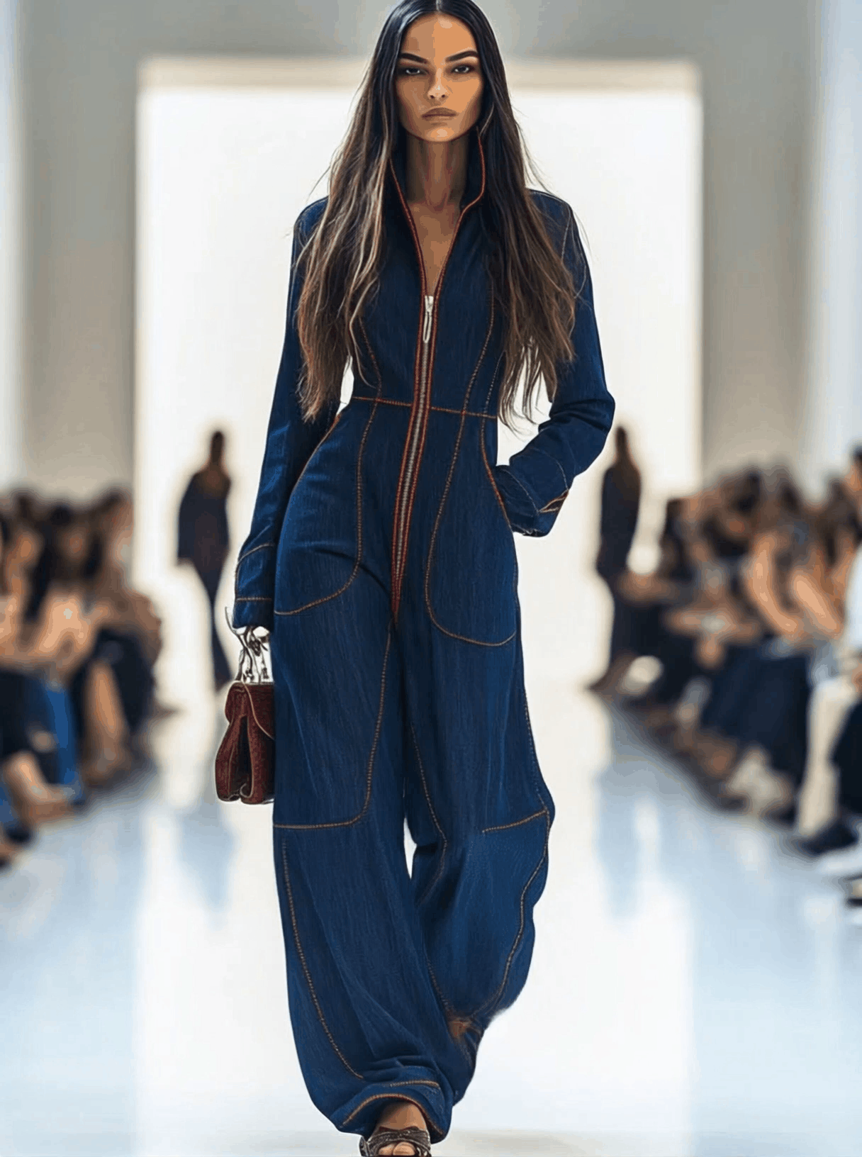 Women's Denim Zip Jumpsuit Red Topstitch Loose Fit