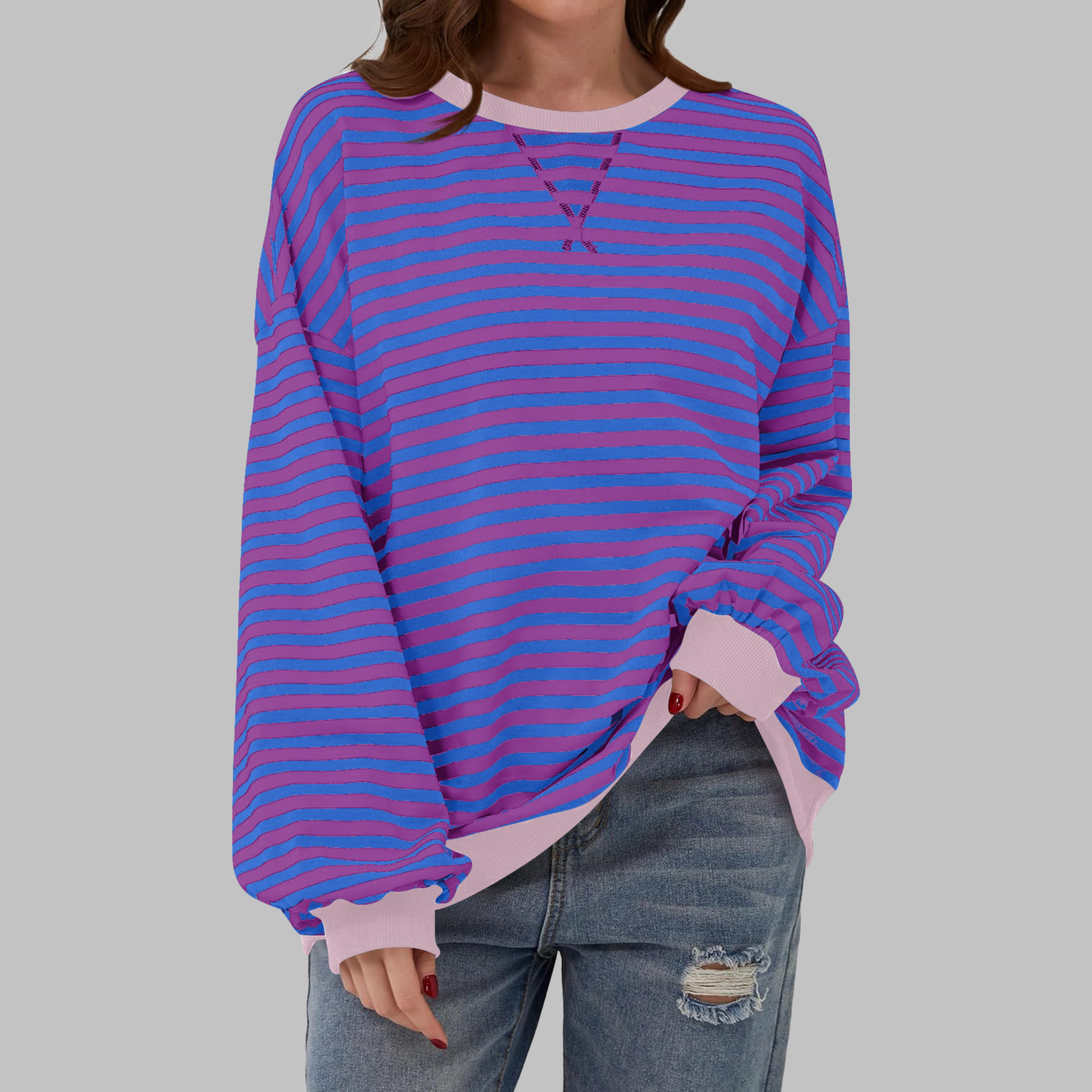 Women's Striped Jumper Long Sleeve Crew Neck - Purple