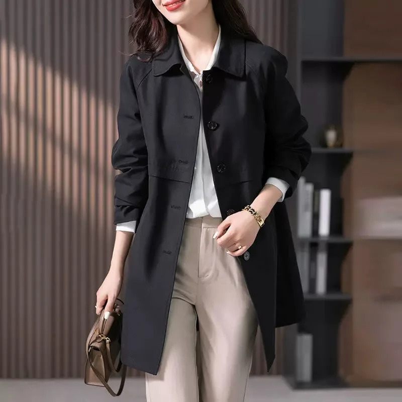 Women's longline button-front trench coat with notched collar