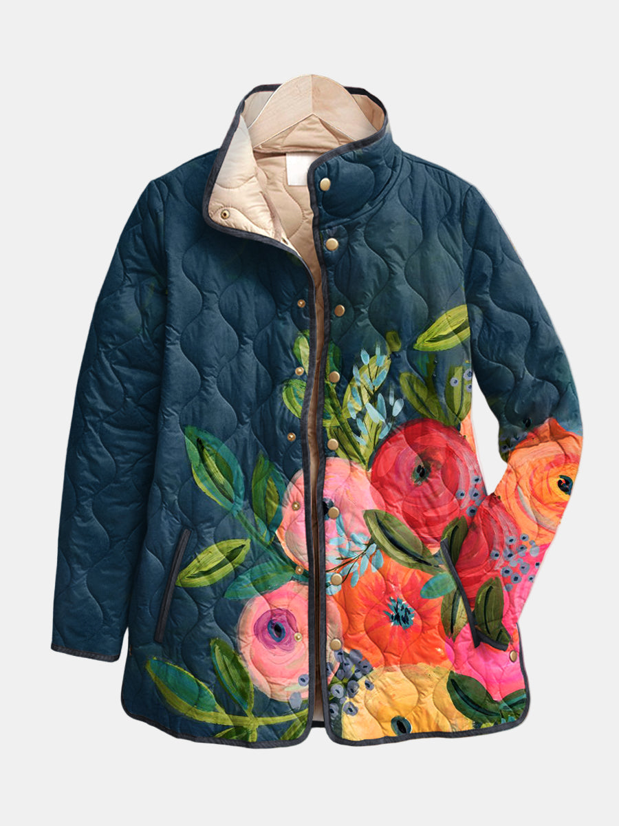 Women's multicoloured floral quilted jacket with stand collar and long sleeves