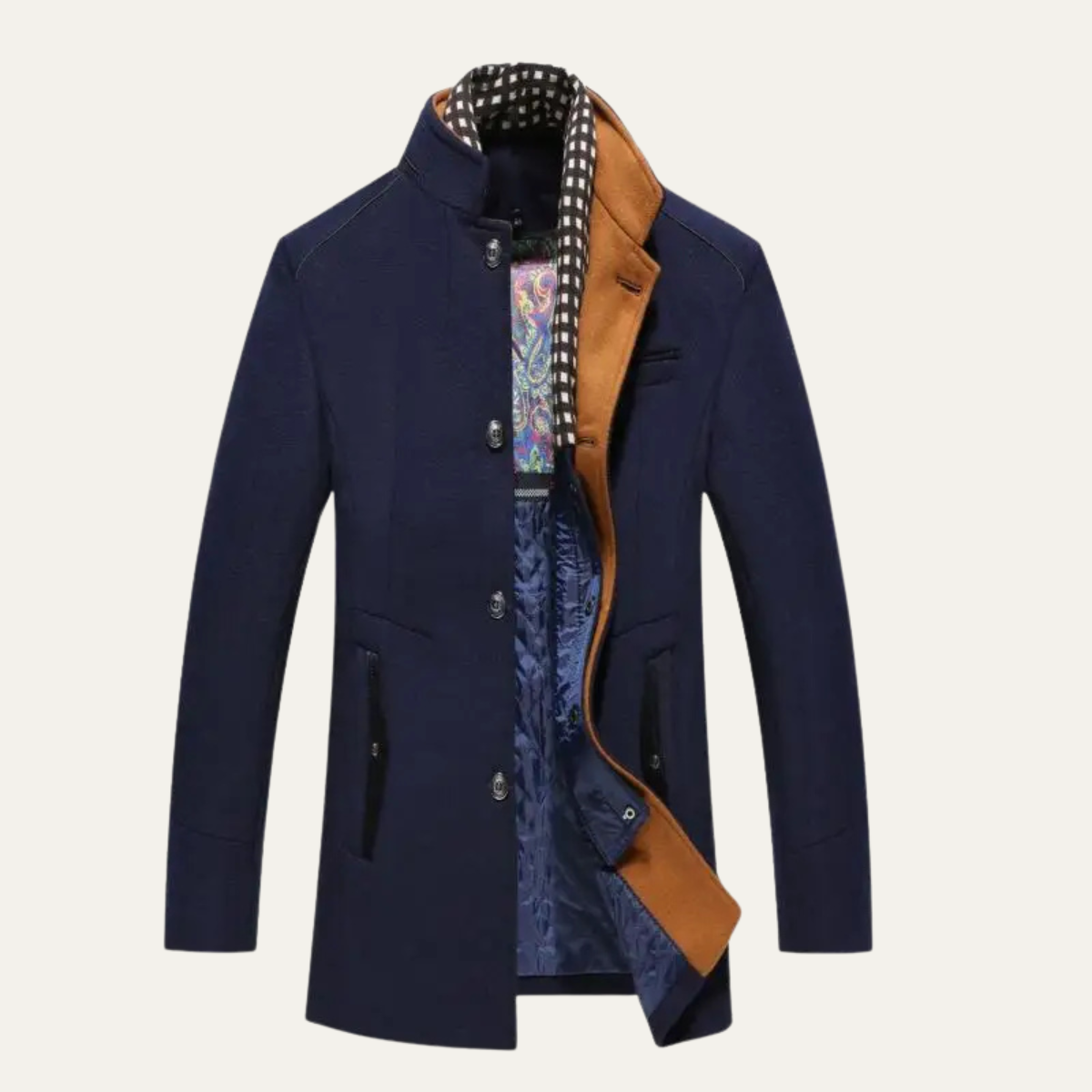 Men's structured trench coat with stand collar and long sleeves