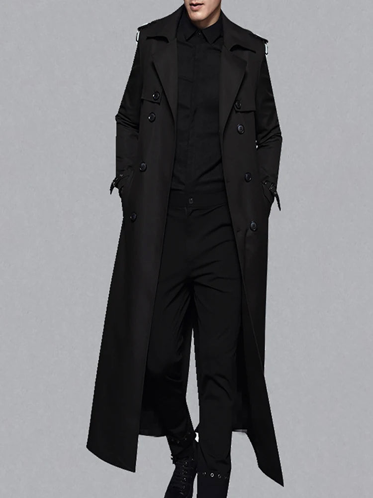 Men's black extra-long double-breasted trench coat with notched lapels and flap pockets