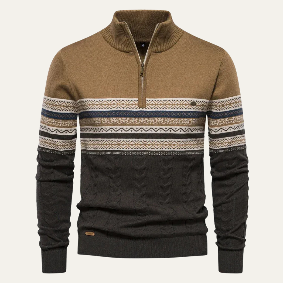 Men's quarter zip mock neck sweater with Fair Isle geometric bands and textured knit lower body