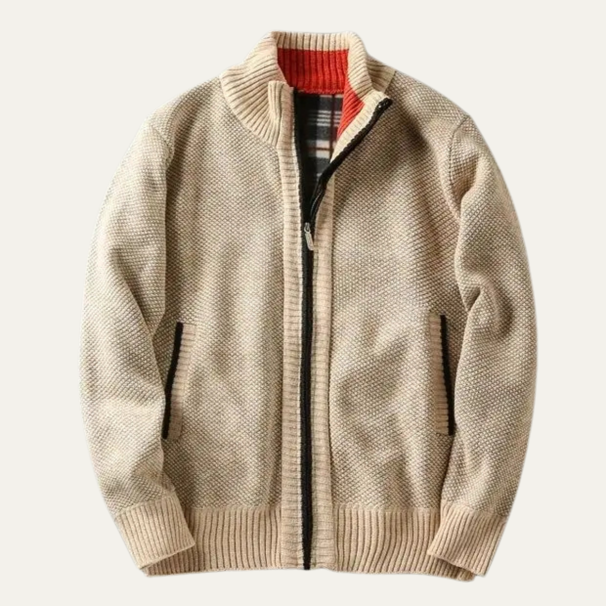 Men's chunky knit zip jacket with ribbed stand collar and front pockets