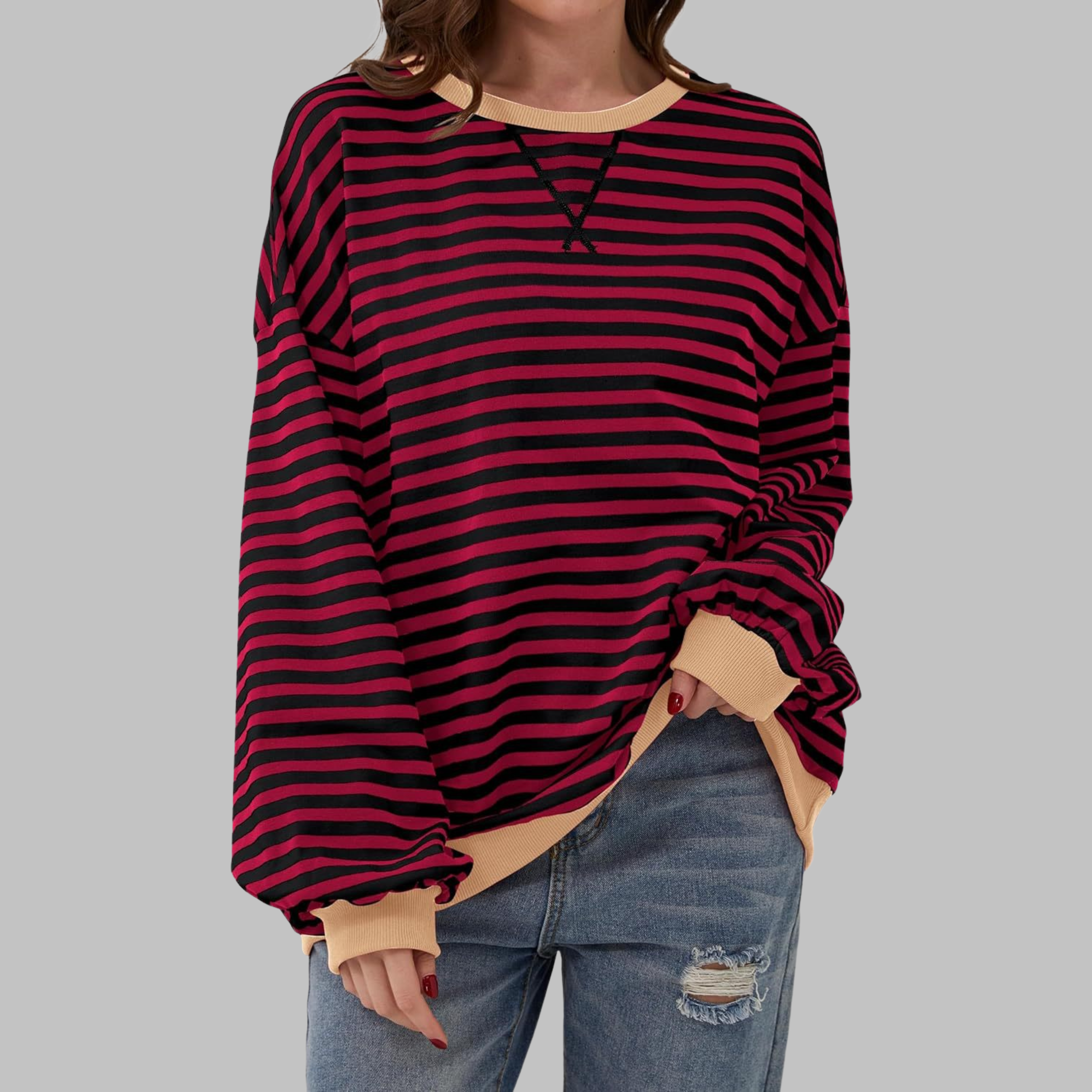 Women's Striped Jumper Long Sleeve Crew Neck - Burgundy