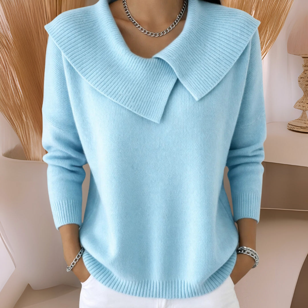 Women's long-sleeve collared jumper with broad ribbed collar and cuffs