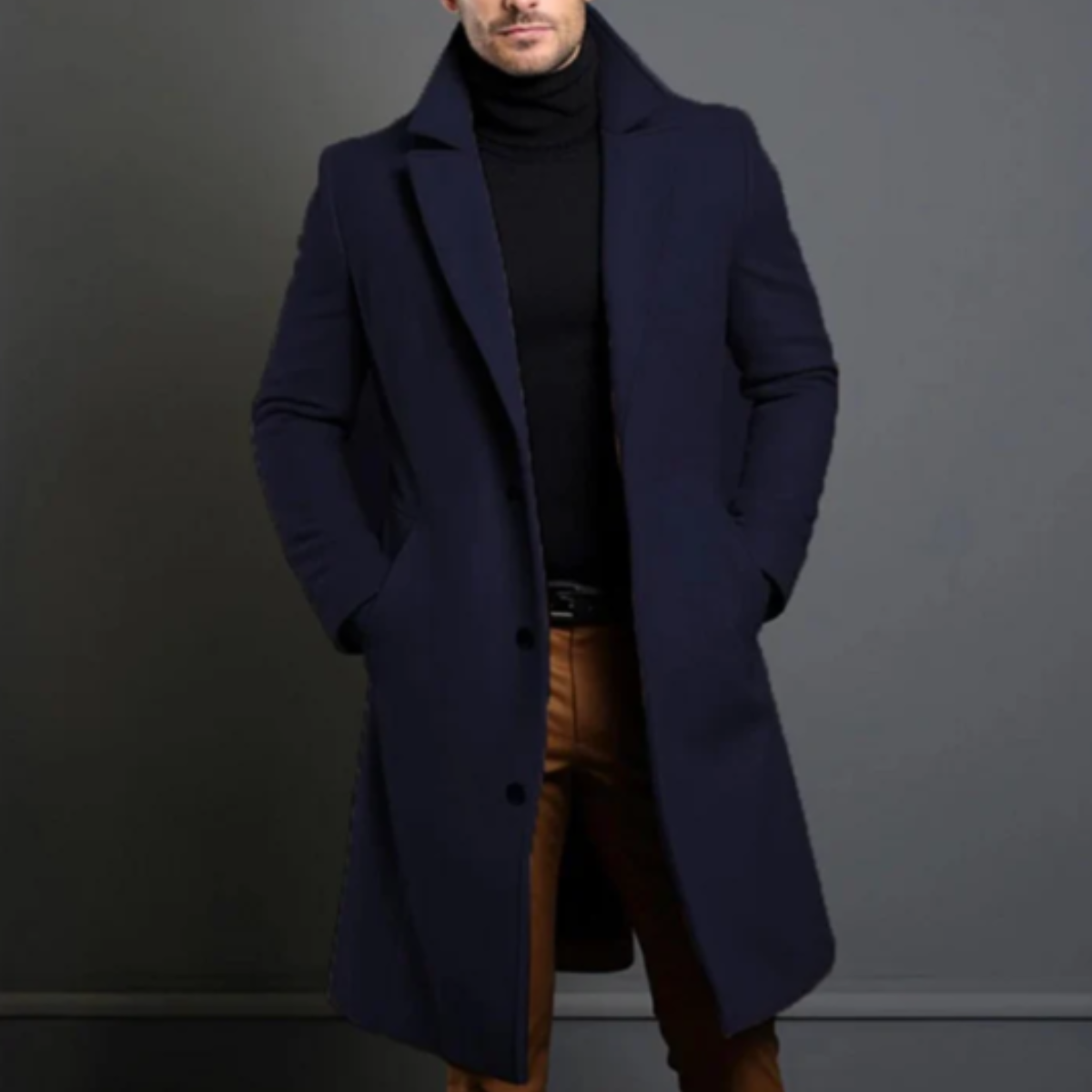 Men's long button overcoat with notched lapels and side pockets