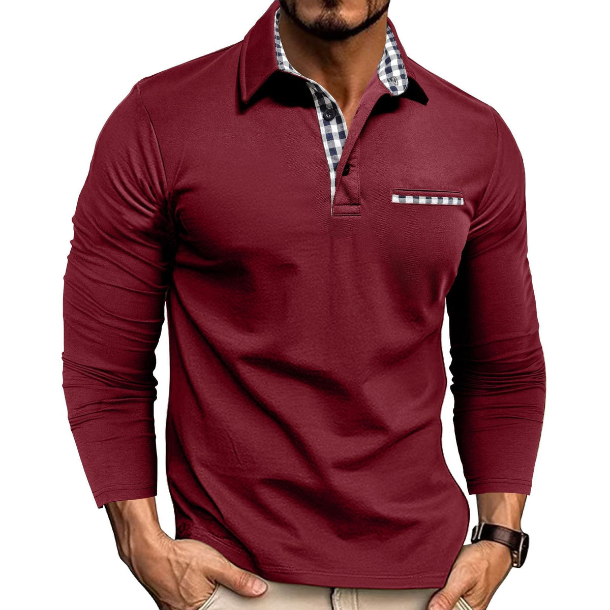 Men's long sleeve polo shirt with checked collar and chest detail