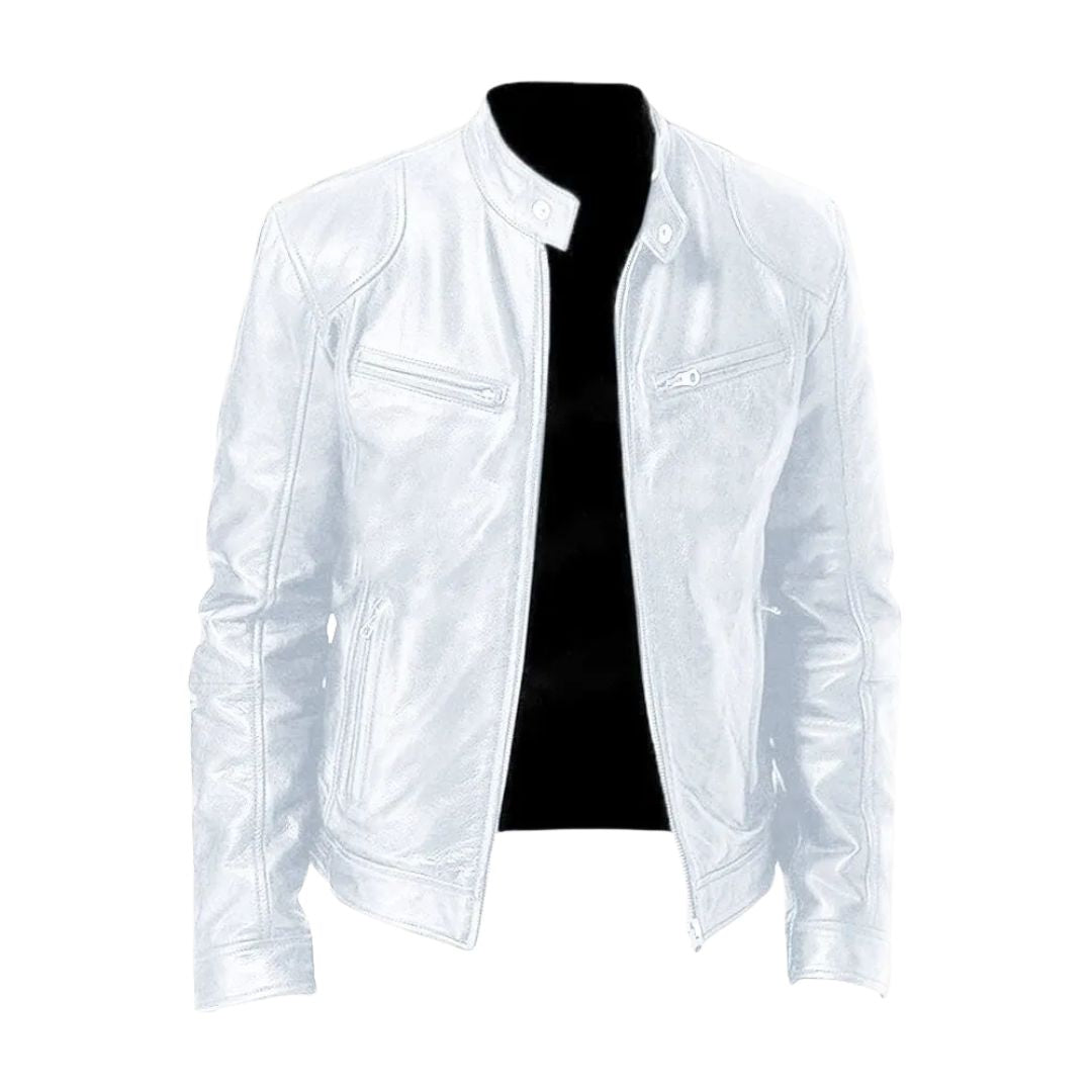 Men's zip-front biker jacket with stand collar and multiple zipped pockets