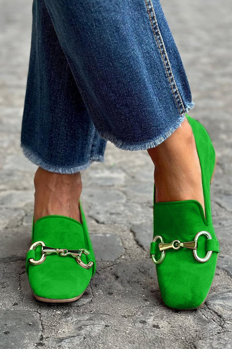 Women's bright loafers with square toes and metallic bit detail