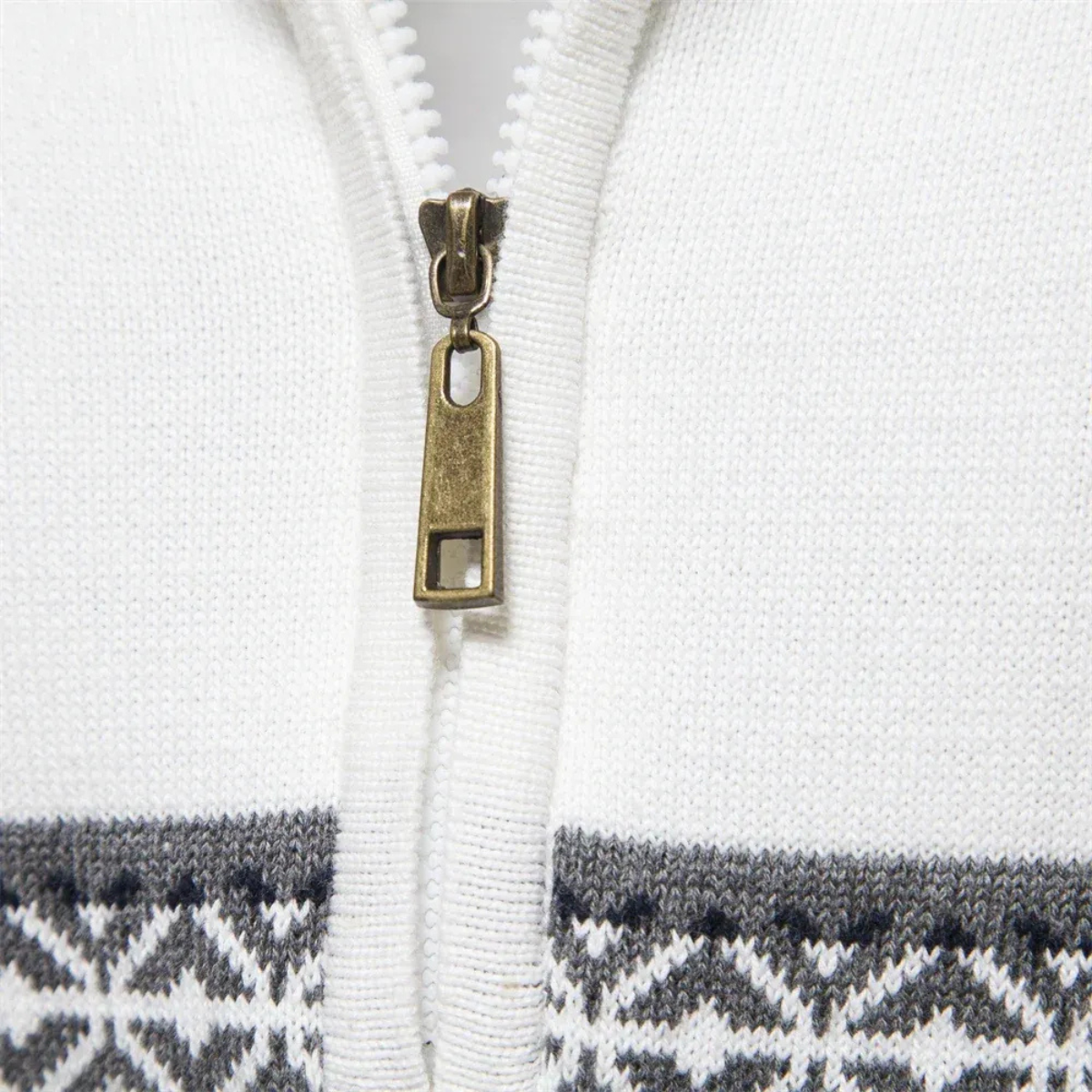 Men's quarter zip mock neck sweater with Fair Isle geometric bands and textured knit lower body