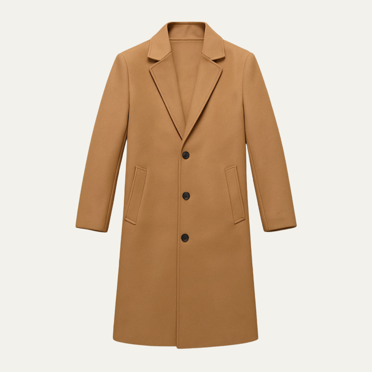 Men's long button-front overcoat with notched lapels and side pockets