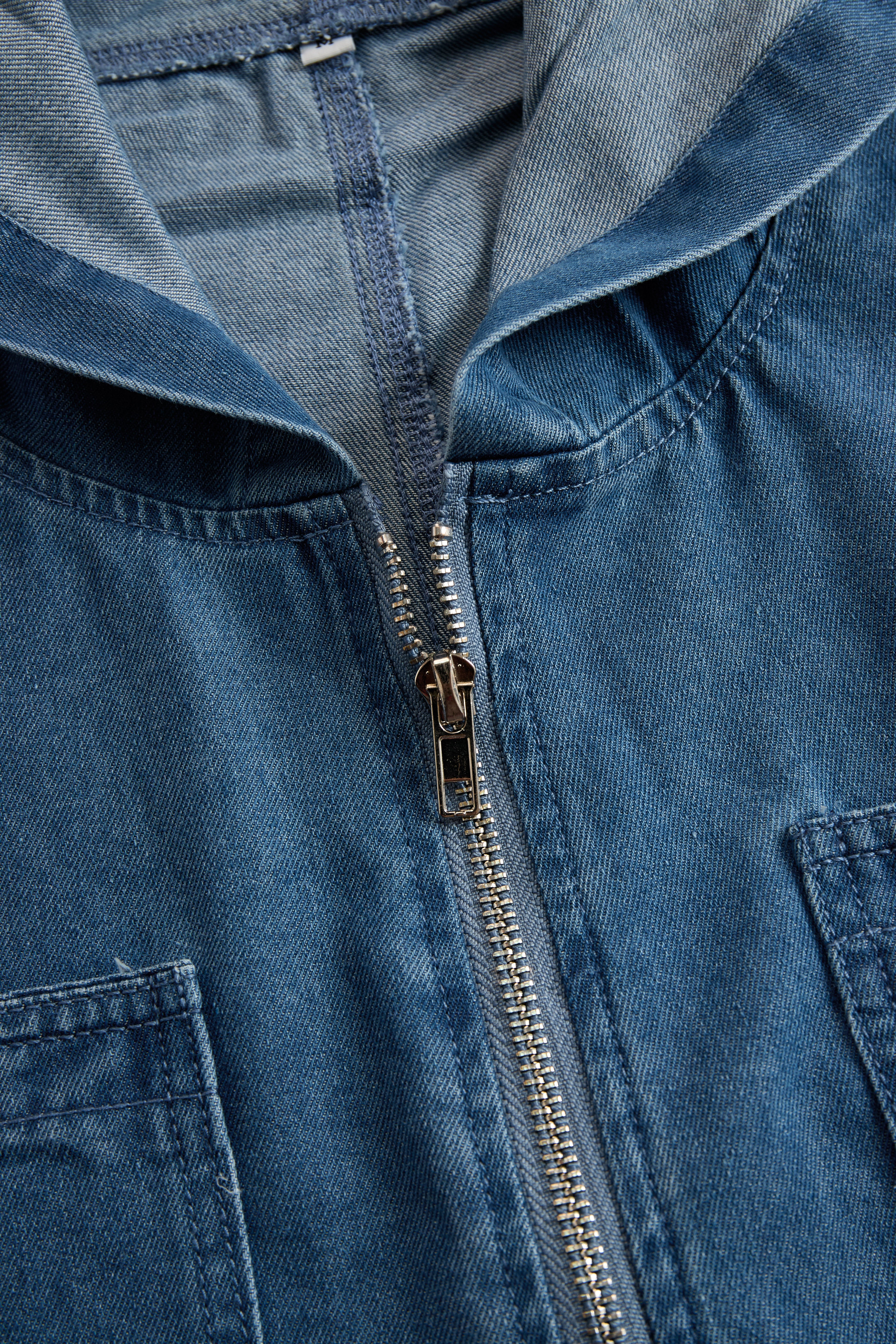 Women's Denim Hooded Zip Jumpsuit Blue Loose Fit Utility