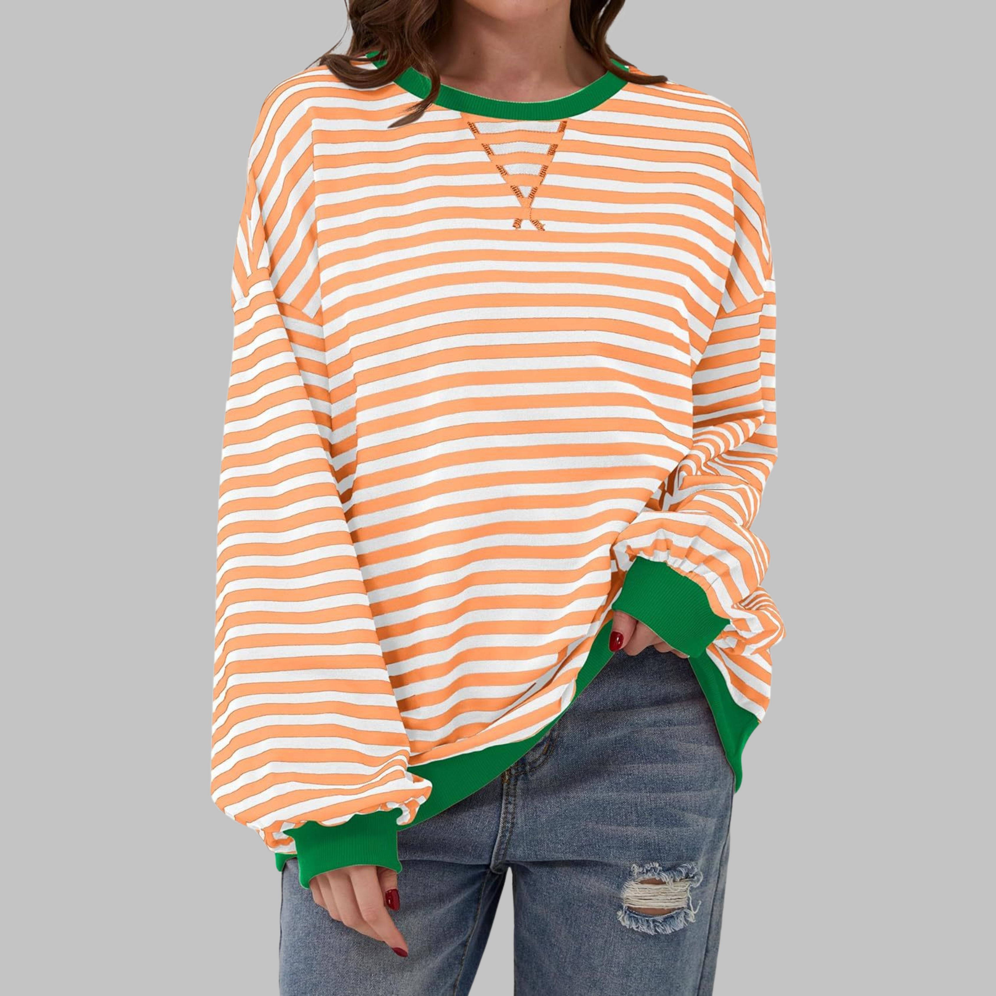 Women's Striped Jumper Long Sleeve Crew Neck - Light Orange