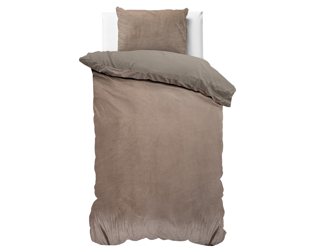 Taupe plain velvet-style duvet cover with matching pillowcase