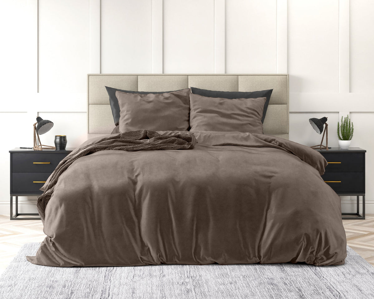 Taupe plain velvet-style duvet cover with matching pillowcase