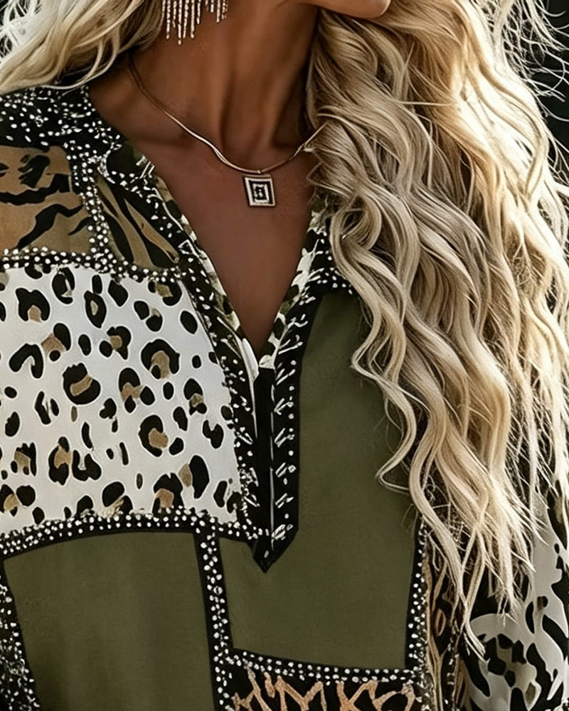 Women's long-sleeve patchwork blouse with mixed animal print panels