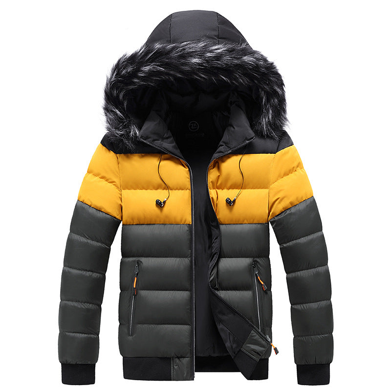 Men's colour-block puffer jacket with fur-trim hood and front zip