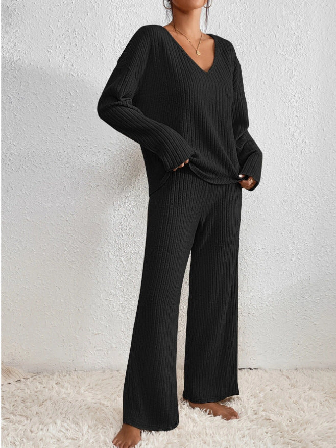 Women's ribbed knit lounge set with V-neck long-sleeve jumper and wide-leg trousers