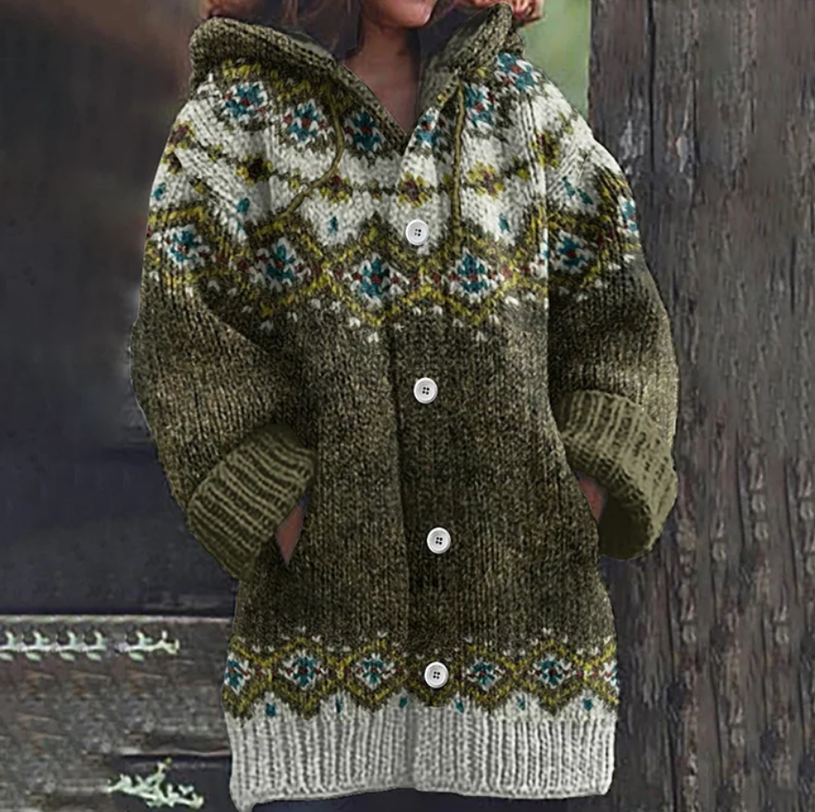 Women's multicolour hooded Nordic pattern knit cardigan with buttons and pockets