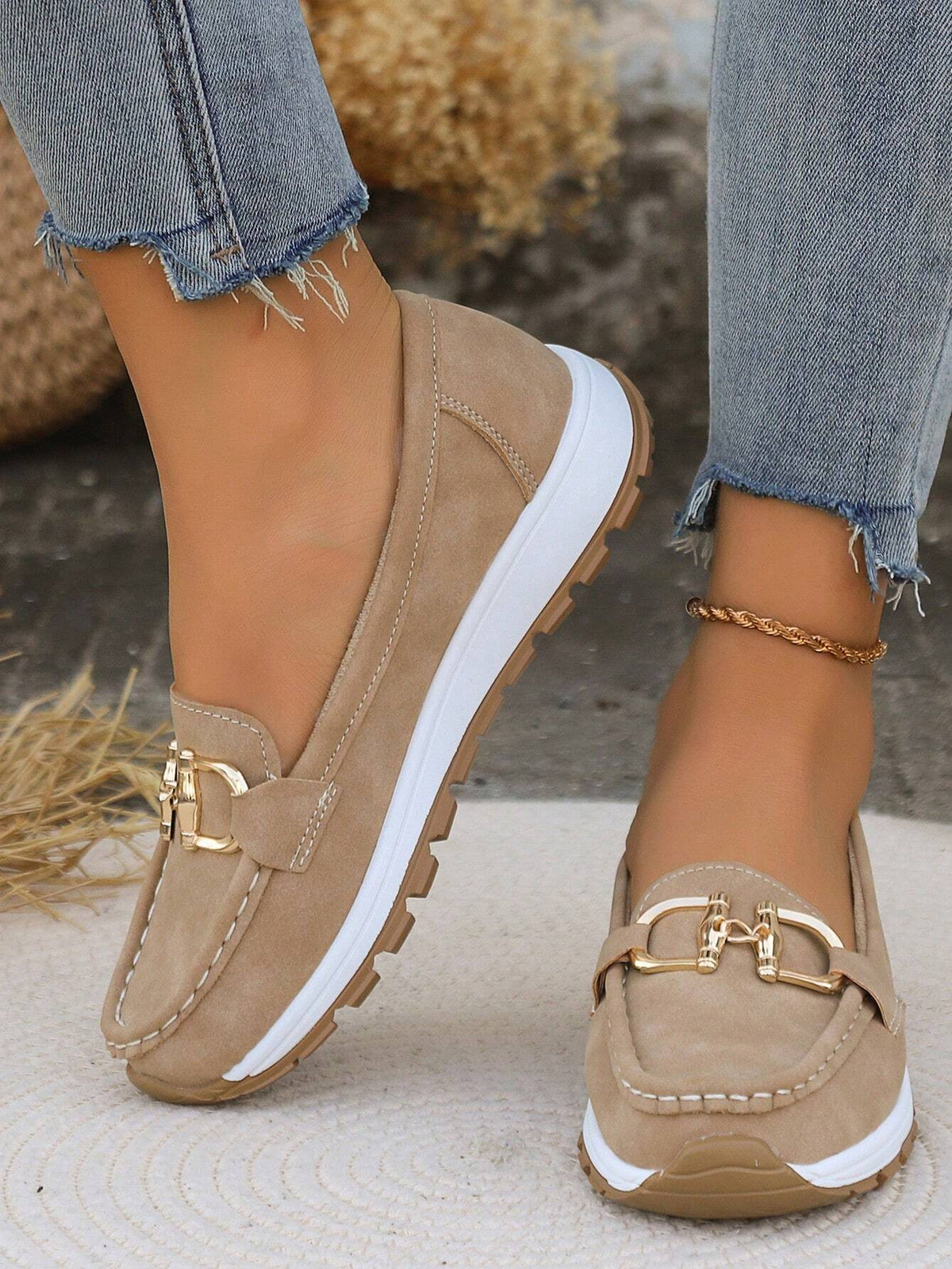 Women's moc toe loafers with chain detail and flat ridged soles