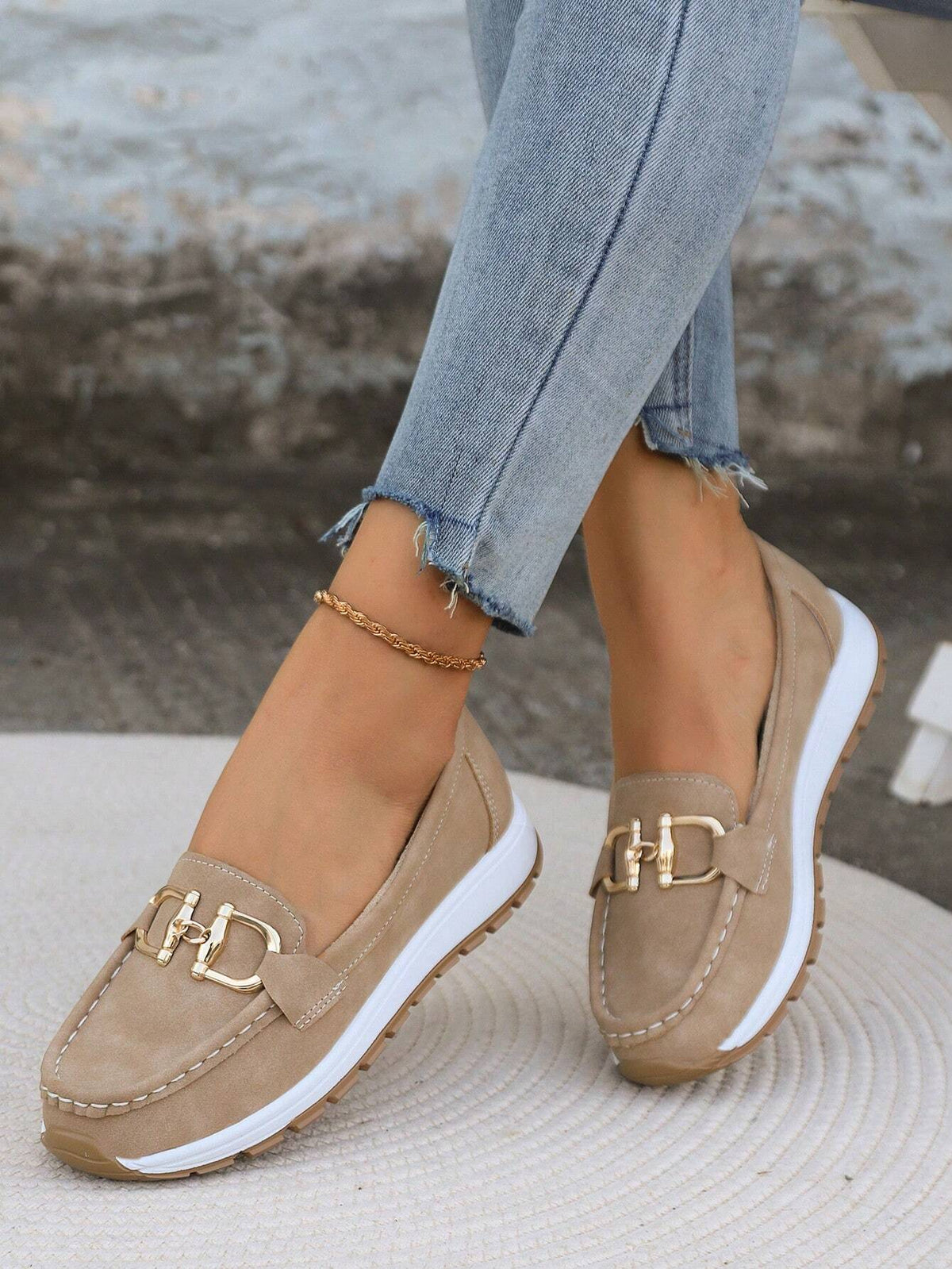 Women's moc toe loafers with chain detail and flat ridged soles