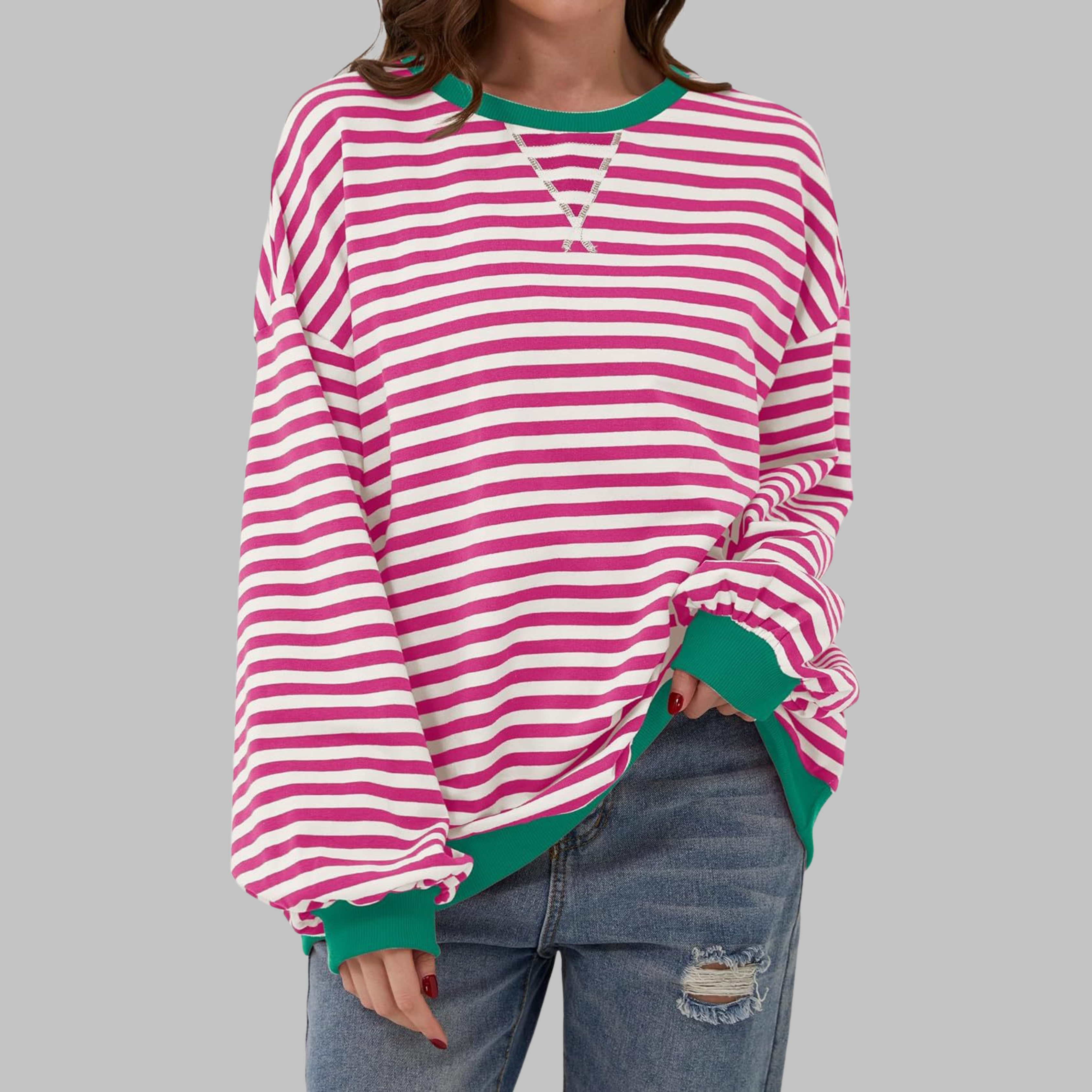 Women's Striped Jumper Long Sleeve Crew Neck - Pink