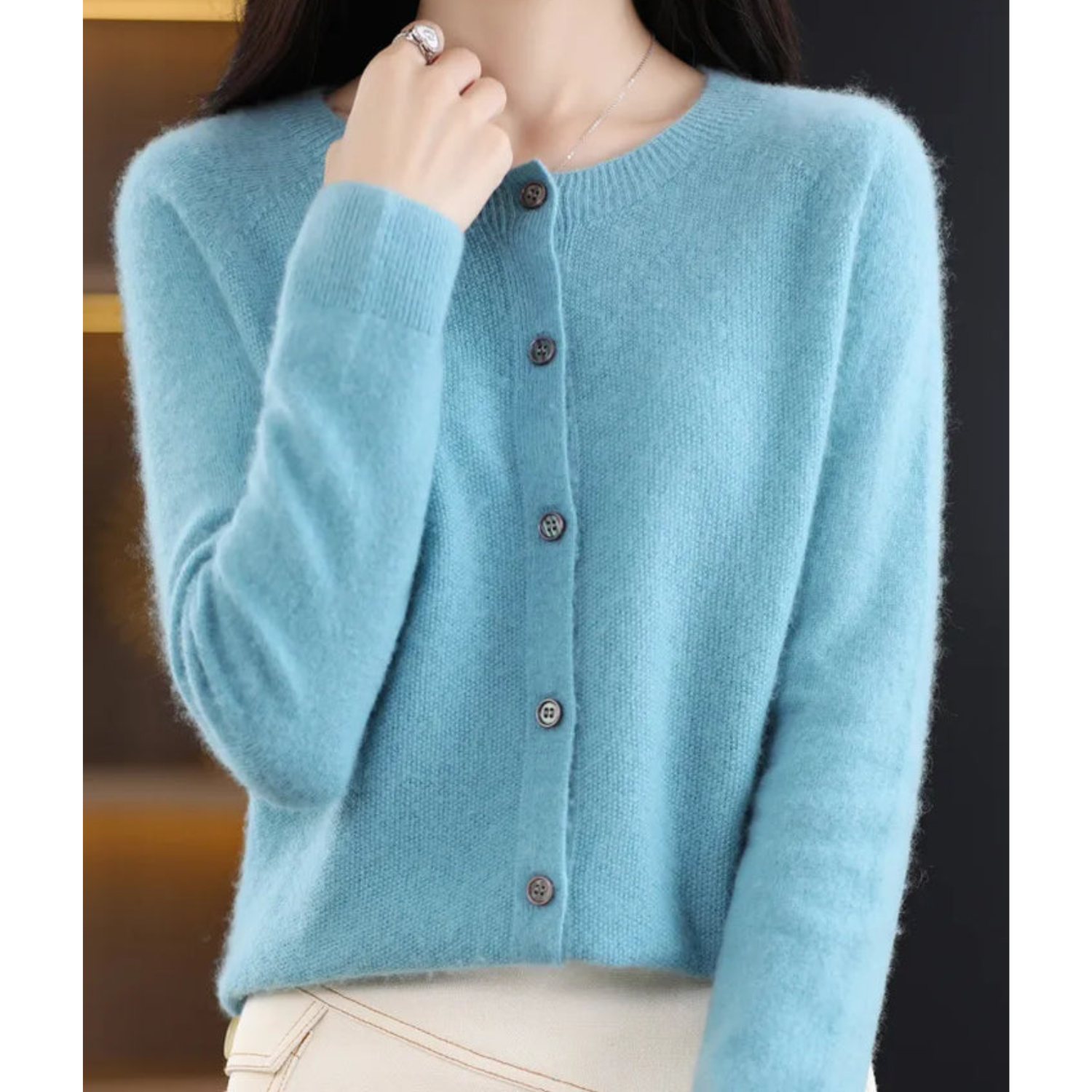 Women's Cardigan Merino Wool V-Neck Long Sleeve - Light Blue