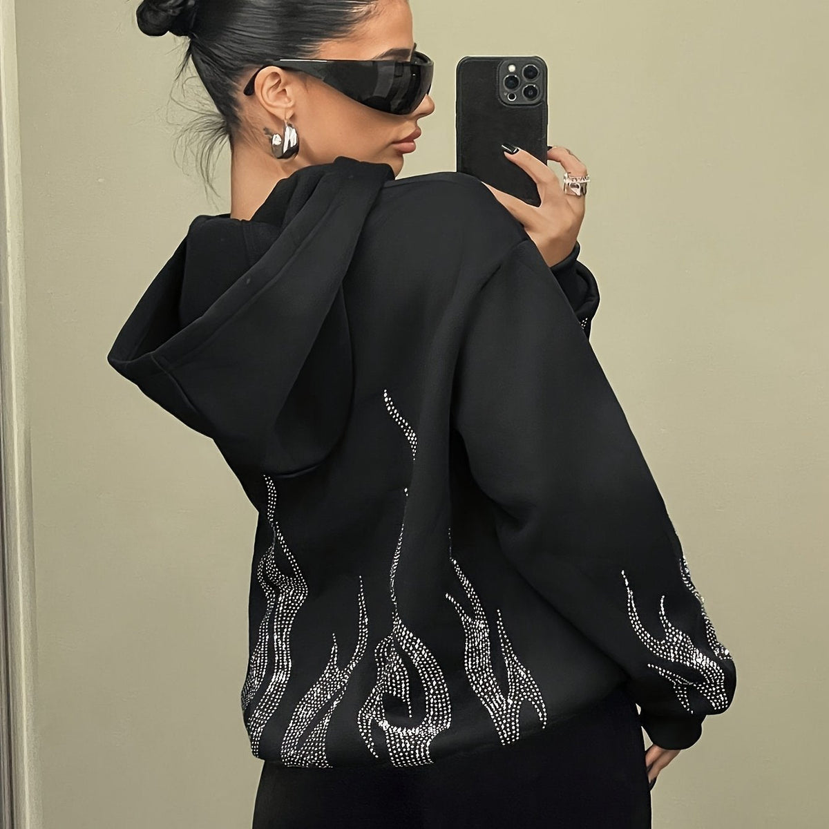 Women's hooded sweatshirt with rhinestone flame design and long sleeves