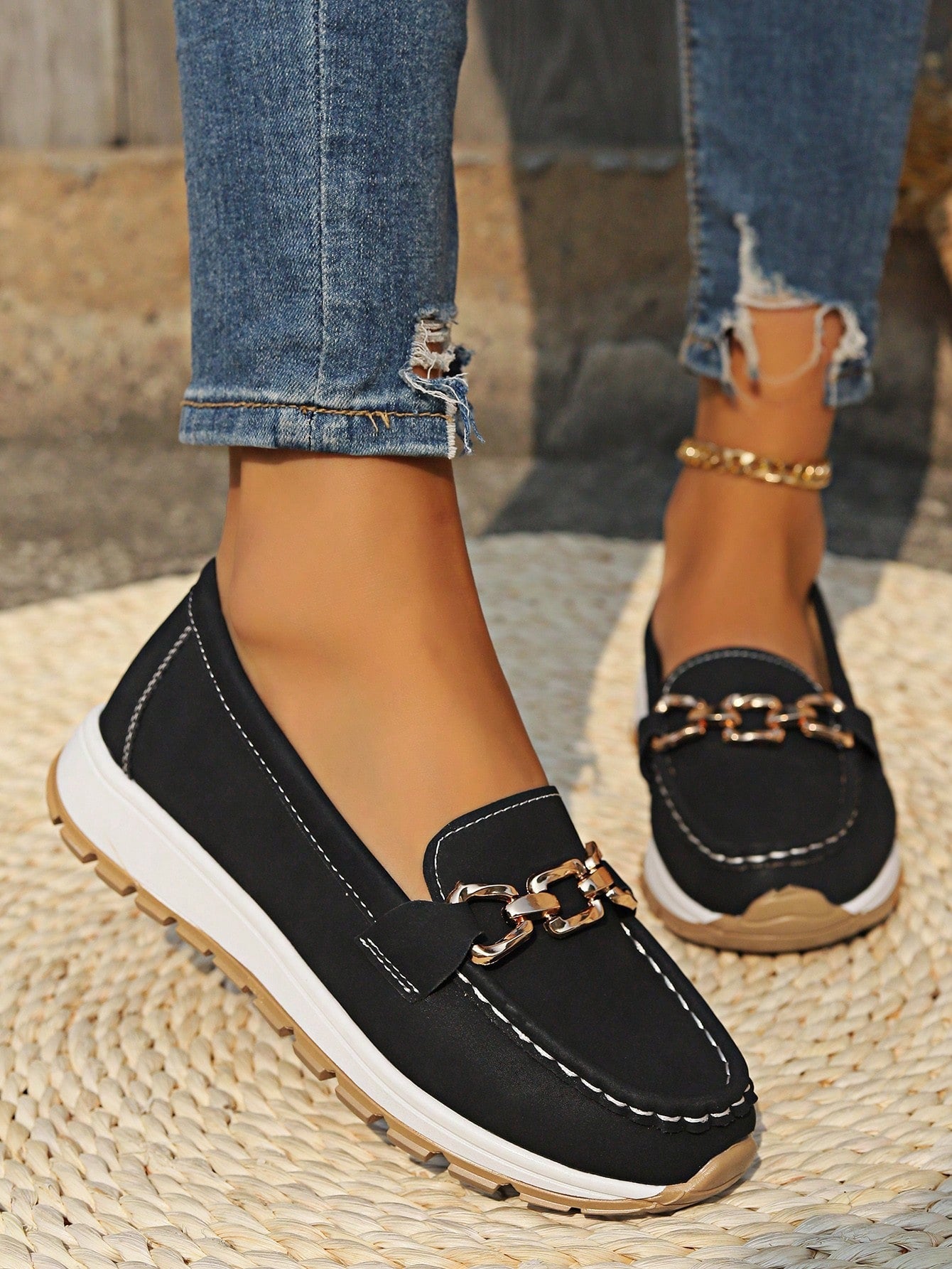 Women's moc toe loafers with chain detail and flat ridged soles