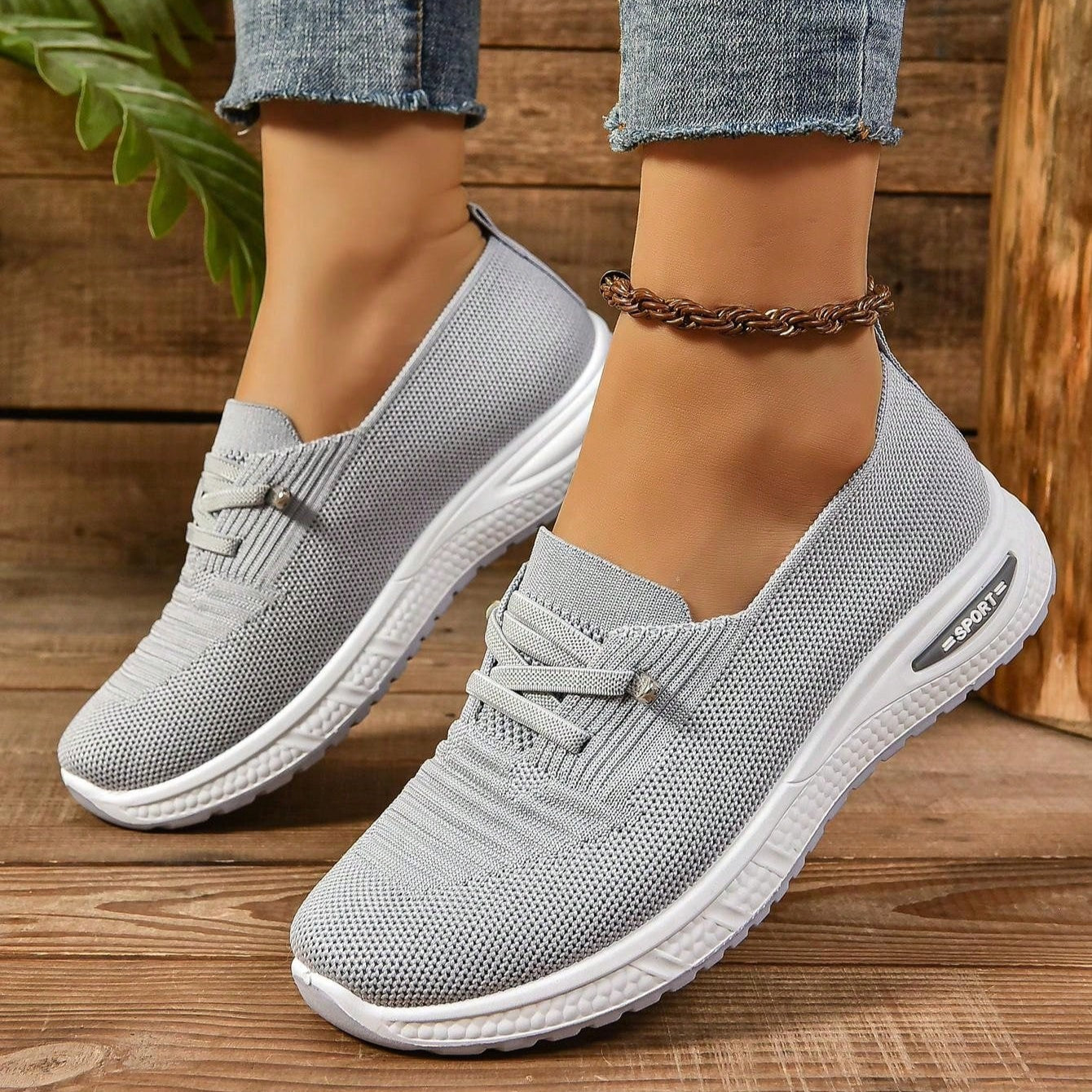 Women’s Slip-On Comfort Trainers | Grey Wide Fit Cushioned Walking Shoes