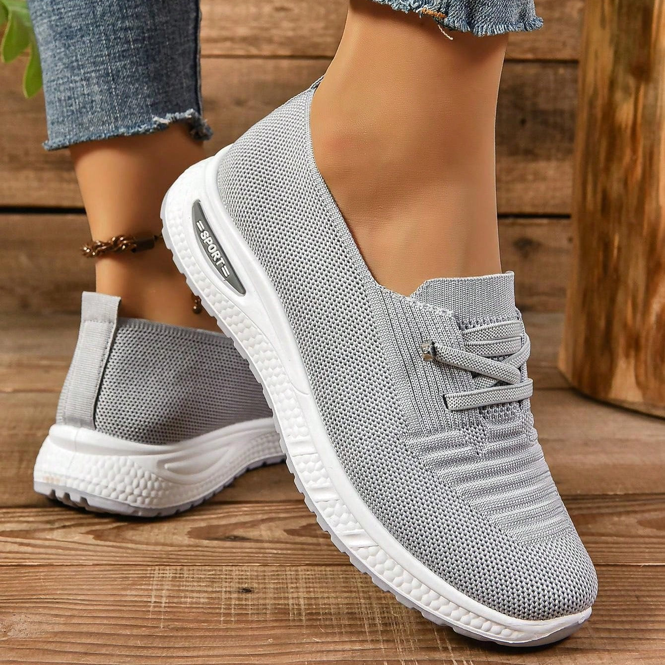 Women’s Slip-On Comfort Trainers | Grey Wide Fit Cushioned Walking Shoes