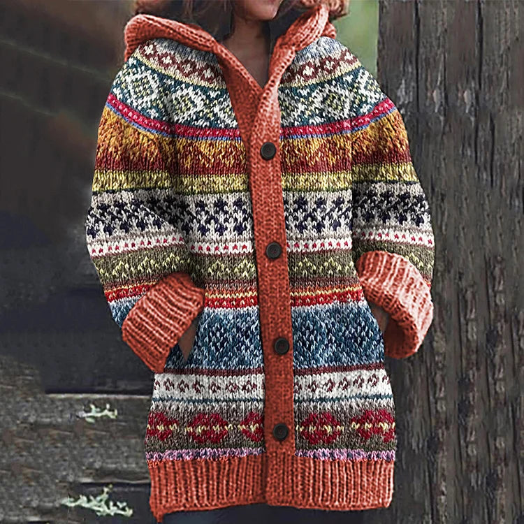 Women's multicolour hooded Nordic pattern knit cardigan with buttons and pockets
