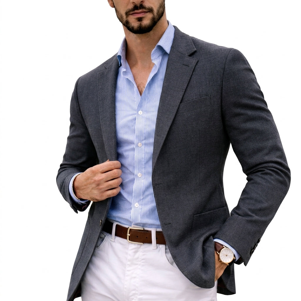 Men's tailored knit blazer with notched lapels, long sleeves and button fastening