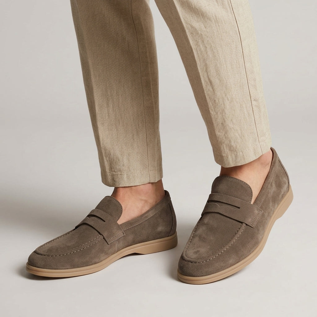 Men's penny loafers with moc toe stitching and flat soles