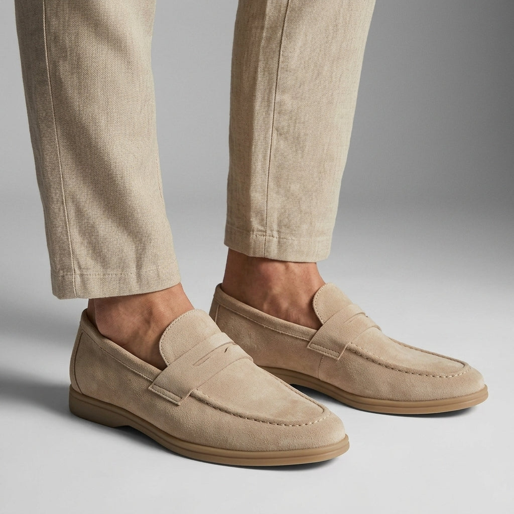 Men's penny loafers with moc toe stitching and flat soles