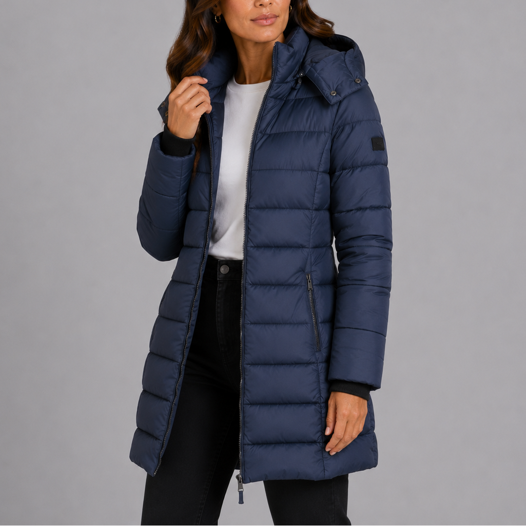 Women's long quilted hooded puffer coat with zip front and zipped pockets