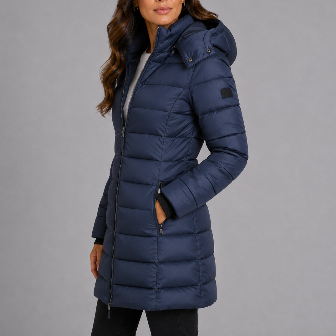 Women's long quilted hooded puffer coat with zip front and zipped pockets