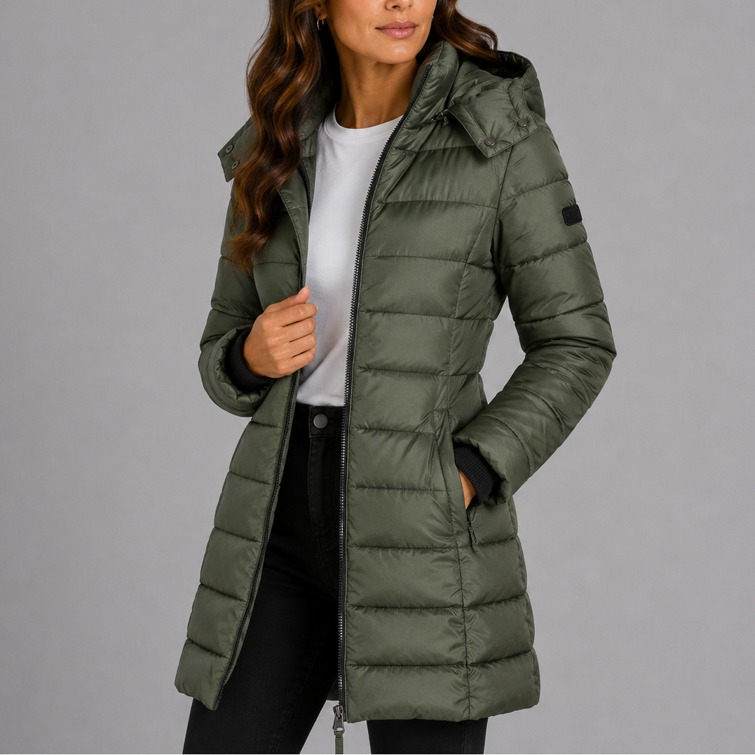 Women's long quilted hooded puffer coat with zip front and zipped pockets