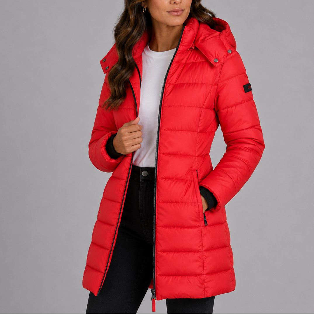 Women's long quilted hooded puffer coat with zip front and zipped pockets