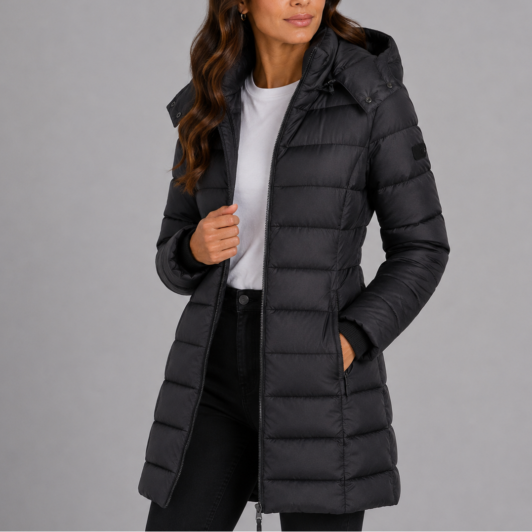 Women's long quilted hooded puffer coat with zip front and zipped pockets